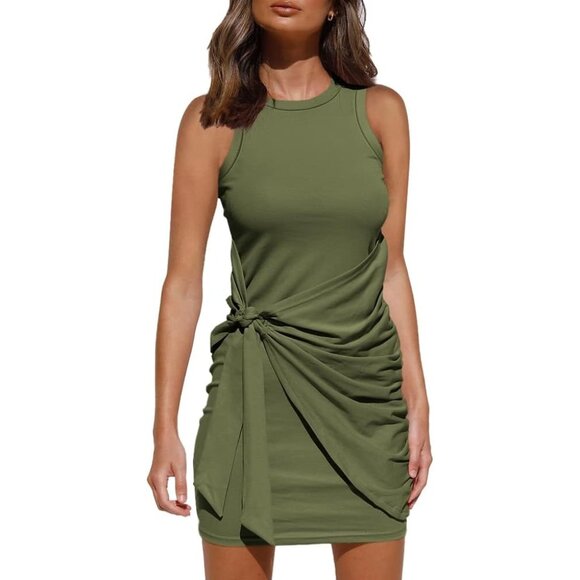 Women's Green Casual Sleeveless Bodycon Beach Tank Ruched Mini Dress - Picture 1 of 7